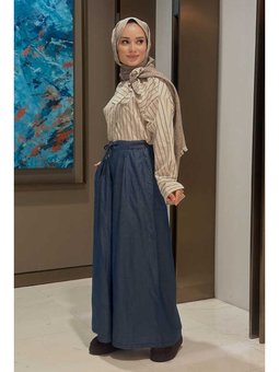 Tensel Lastikli Pileli Pantolon Koyu Mavi