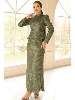 Arkası Bağcık Detaylı Payet Yeşil Abiye Elbise