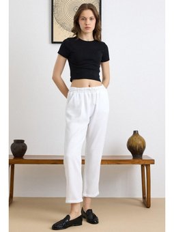 Bağcık Detaylı Beli Lastikli Soft Denim Beyaz Pantolon