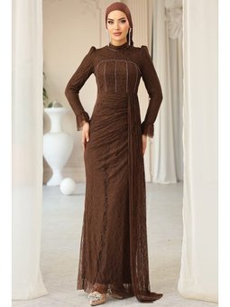 Beli Pelerin Detaylı Taş Süslemeli Dantel Abiye Elbise Kahve