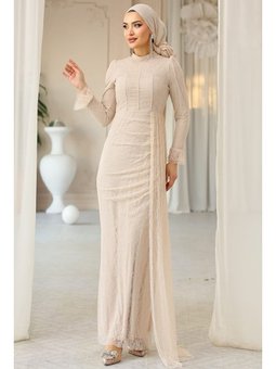 Beli Pelerin Detaylı Taş Süslemeli Dantel Krem Abiye Elbise