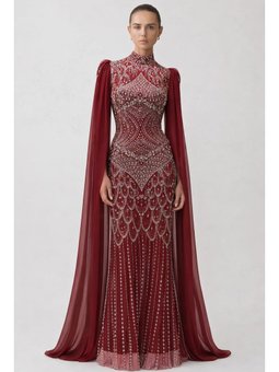 Boncuk Ve İnci Bezeli Pelerin Detaylı Exclusive Bordo Abiye Elbise