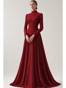 Boncuk Ve Pul Bezeli Şifon Kombinli Exclusive Bordo Abiye Elbise