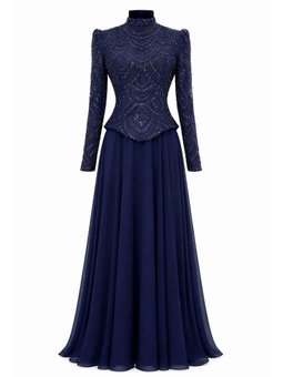 Boncuk Ve Pul Bezeli Şifon Kombinli Exclusive Lacivert Abiye Elbise