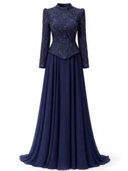 Boncuk Ve Pul Desenli Şifon Kombinli Exclusive Lacivert Abiye Elbise