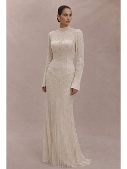 Boncuk Ve Taş Bezeli Korseli Exclusive Bej Abiye Elbise