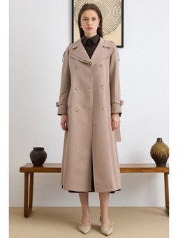 Çift Yaka Detaylı Su İtici Özellikli Astarsız Uzun Vizon Trençkot