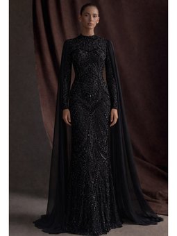 Çıkabilen Pelerin Detaylı Taşlı Tül Exclusive Büyük Beden B Abiye Elbise Siyah