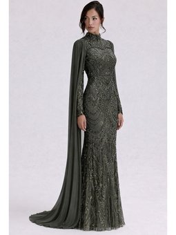 Çıkabilen Pelerin Detaylı Taşlı Tül Exclusive Büyük Beden B Abiye Elbise Yeşil