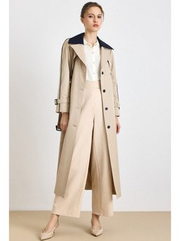 Çıkabilir Garni Yakalı Pelerin Detaylı Su İtici Özellikli Uzun Bej Trençkot