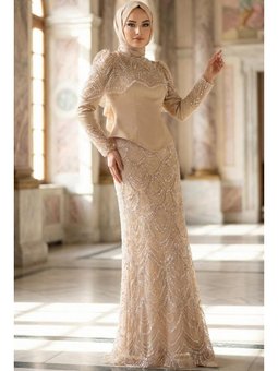 Çıkabilir Pelerin Detaylı Saten Ve Tül Kombinli Exclusive Krem Abiye Elbise