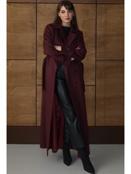 Deri Aksesuarlı Çıt Detaylı Gabardin Süet Görünümlü Bordo Pardesü