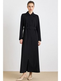 Fermur Kapamalı Çıt Detaylı Astarlı Siyah Pardesü