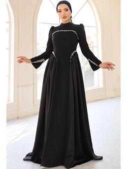 İnci Detaylı Krep Ve Saten Kombinli Kloş Siyah