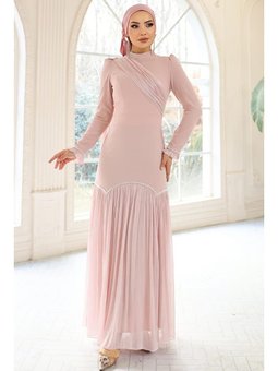 İnci Pilise Detaylı Krep Yoryo İpek Kombinli Pudra Abiye Elbise
