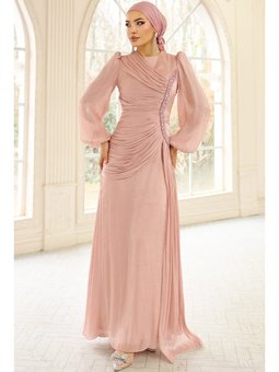 İnci Ve Pilise Detaylı Yoryo İpek Pudra Abiye Elbise