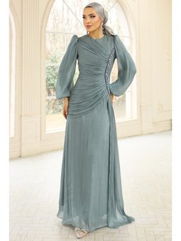 İnci Ve Pilise Detaylı Yoryo İpek Su Yeşili Abiye Elbise