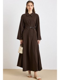 Kemer Aksesuarlı Premium Kumaş Kloş E Elbise Kahve