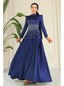 Kloş Önü Taş Desenli Saten Lacivert Abiye Elbise