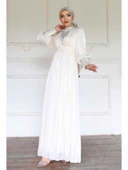 Kolları Ve Önü Taş Bezeli Yorgo İpek Fil Dişi Abiye Elbise