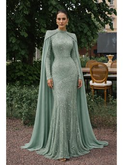 Pelerin Detaylı Taş Ve Pul Bezeli Exclusive Abiye Elbise Mint