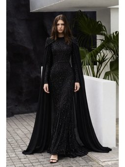 Pelerin Detaylı Taş Ve Pul Bezeli Exclusive Siyah Abiye Elbise