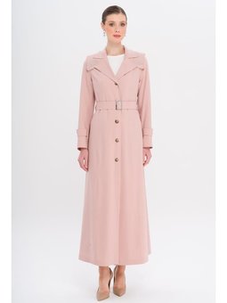 Pelerin Ve Kol Ağzı Taş Detaylı Astarlı Pudra Pardesü