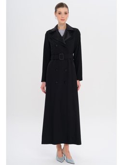 Saten Garnili Çift Yaka Astarlı Siyah Pardesü