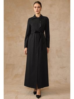 Saten Garnili Önü Ve Kol Ağzı Çıt Detaylı Astarlı Siyah Pardesü