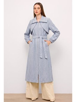 Saten Ve İşleme Detaylı Astarsız Jakar Mavi Pardesü