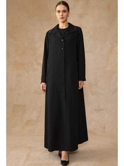 Saten Ve Minik Taş Detaylı Astarlı Büyük Beden Siyah Pardesü