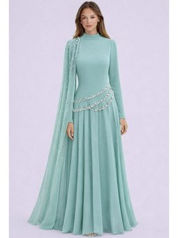 Şifon Kombinli Exclusive Abiye Elbise Mint Pelerin Ve İnci Detaylı Krep