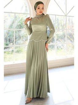 Taş Ve İnci Detaylı Piliseli Saten Açık Yeşil Abiye Elbise