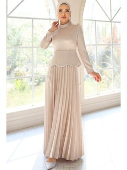 Ve İnci Detaylı Piliseli Saten Abiye Elbise Taş