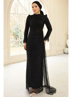 Volan Detaylı Dantel Siyah Abiye Elbise