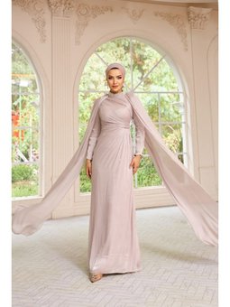 Yakası Taşlı Pelerin Detaylı Yoryo İpek Abiye Elbise Taş