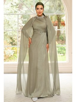 Yakası Taşlı Pelerin Detaylı Yoryo İpek Açık Yeşil Abiye Elbise
