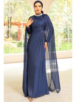 Yakası Taşlı Pelerin Detaylı Yoryo İpek K. İndigo Abiye Elbise