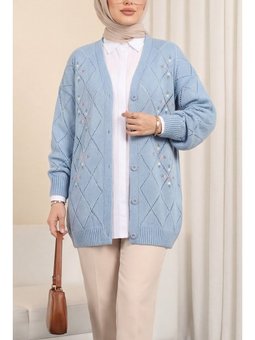 Ajurlu Çiçek Nakışlı Düğmeli Triko Mavi Hırka