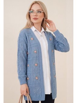 Ajurlu Nakışlı Mavi Hırka