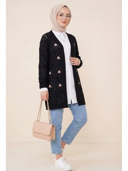 Ajurlu Nakışlı Siyah Hırka