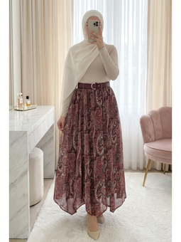 Asimetrik Kesim Astarlı Kemerli Şifon Bordo Etek