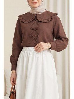 Bebe Yaka Kurdele Detaylı Kahve Gömlek