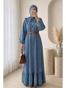 Bebe Yaka Yarım Fermuarlı İnci Detaylı Kemerli Kot Buz Mavi Elbise