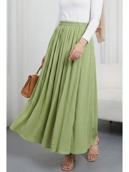 Beli Lastikli Astarlı Uzun Gofre A.yeşil Etek