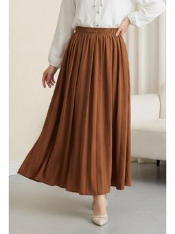 Beli Lastikli Astarlı Uzun Gofre Taba Etek