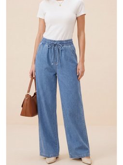 Beli Lastikli Cepli Bol Paça Açık Mavi Kot Pantolon