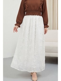 Beli Lastikli Fistolu Astarlı Keten Ekru Etek