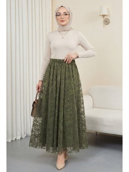 Beli Lastikli Flog Baskılı Astarlı Tül Haki Etek