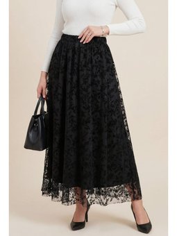 Beli Lastikli Flog Baskılı Astarlı Tül Siyah Etek